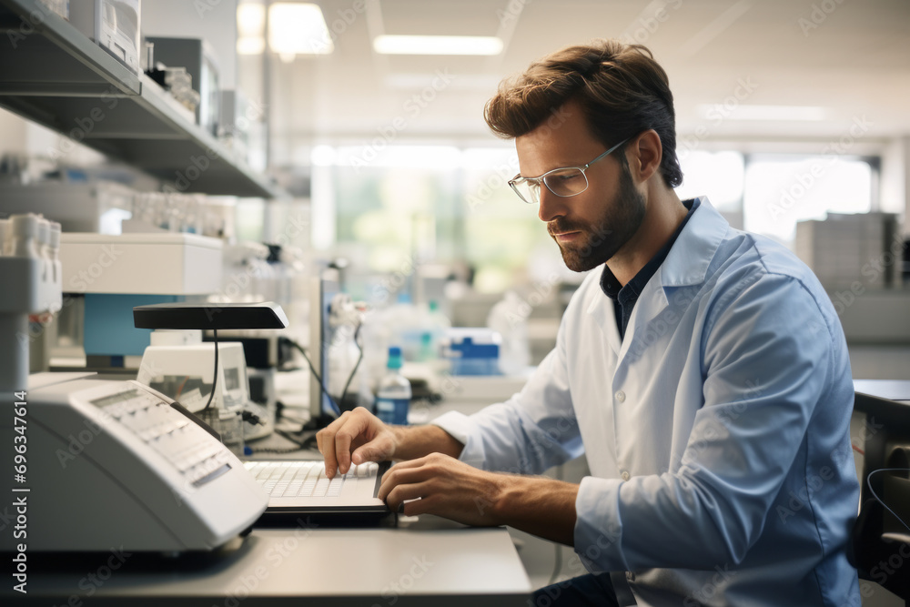 Obraz premium Biomedical engineer working in a laboratory at a computer.