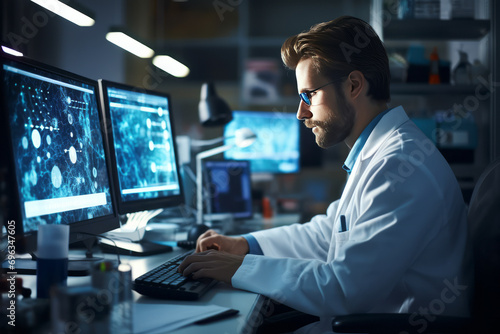 Biomedical engineer working in a laboratory at a computer. photo