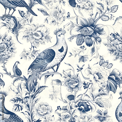 Toile de jouy pattern with flower branches with birds and leaves, trees, seamless vinrage retro print in blue color Generative AI