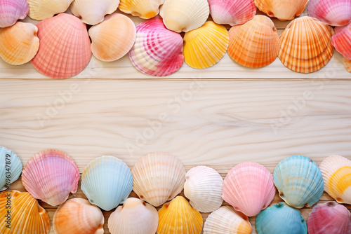 Colorful shells with wooden background, ai generated