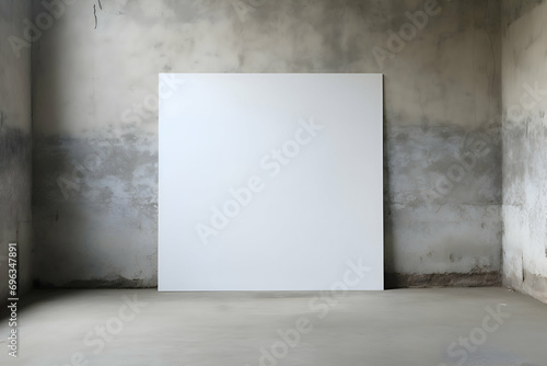 Close up mock up with standing white paper and grey concrete old acrylic painted texture wall and floor. Wall art template for banner  website  texture with copy space Generative AI