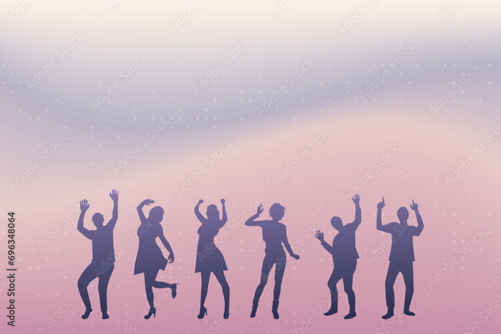 A group of happy dancing men and women with colorful gradient background. New year party concept. Vector illustration. A group of happy dancing men and women with colorful gradient background. New year party concept. Vector illustration.