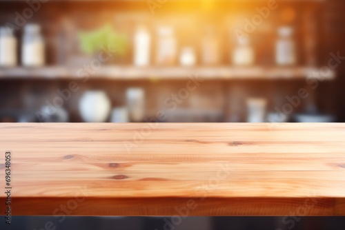 A wooden table top in front of a bookshelf photo