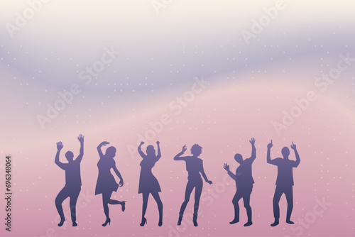 A group of happy dancing men and women with colorful gradient background. New year party concept. Vector illustration.
