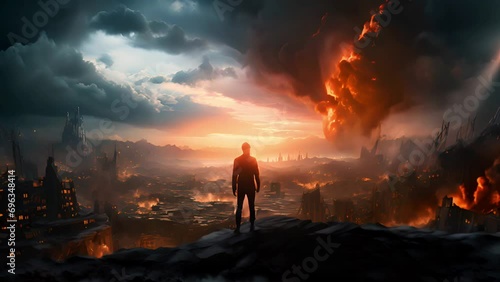 A silhouette of a person stands before a dramatic apocalyptic landscape with fiery explosions and dark clouds at sunset photo