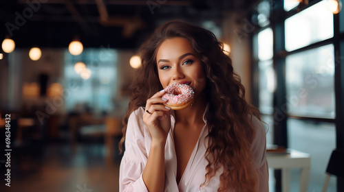 smily beautiful brunette woman in a white blouse eating donut in the cafe photo