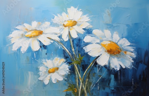 A painting of daisies in a vase on a blue background