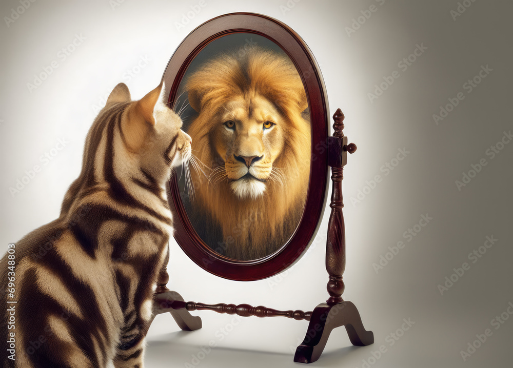 cat what sees herself in the mirror as a grown up lion with a mane, believe that anything is