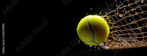 Tennis ball with water drops in motion flying fast near net over dark background. Concept of sport, game, match, championship, background and wallpaper. Banner, ads