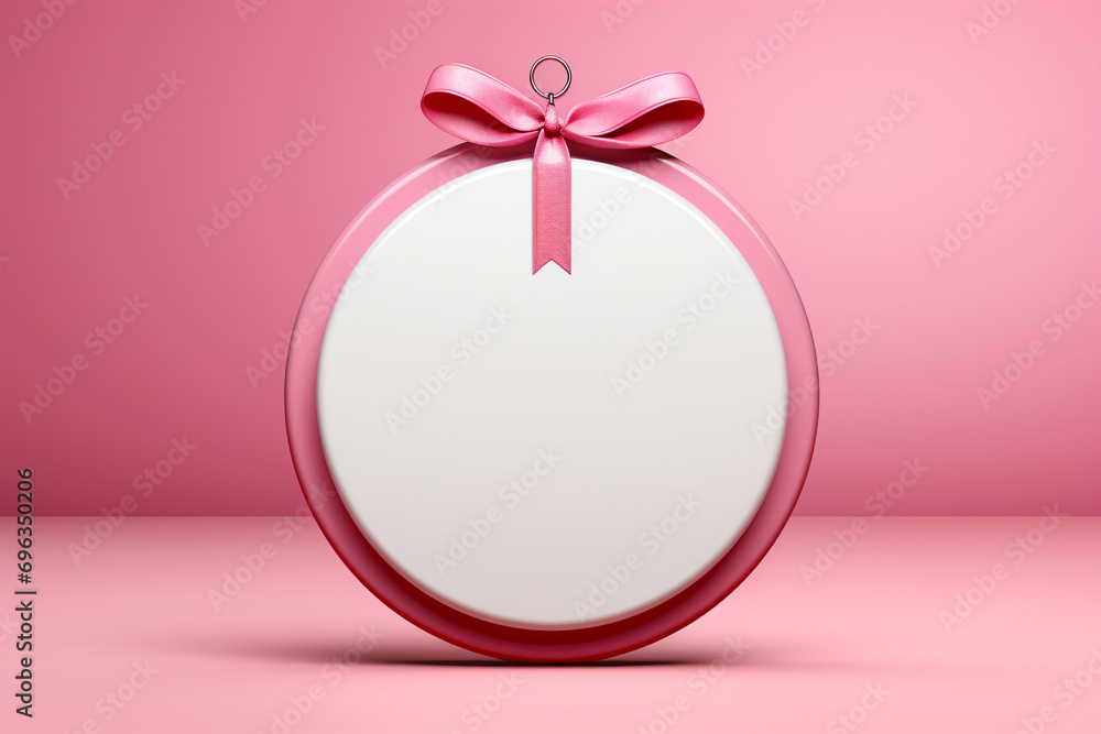 a high-quality photo of a round white gift tag mockup on a pink background, versatile and blank circular price sticker tag, realistic stock mockup, Sale and Black Friday concept, love and wedding them a high-quality photo of a round white gift tag mockup on a pink background, versatile and blank circular price sticker tag, realistic stock mockup, Sale and Black Friday concept, love and wedding them