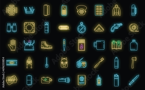 Survival activity icons set. Outline set of survival activity vector icons neon color on black