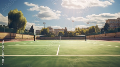Outdoor tennis court. daytime, sunny summer day. Sport school. Place for training sessions. Empty stadium. Concept of sport, leisure, active lifestyle, game, hobby and tournament