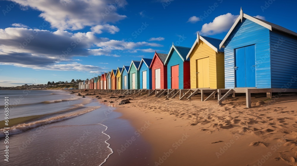 Picturesque Row of Colorful Beach Huts Along the Shoreline Picturesque Row of Colorful Beach Huts Along the Shoreline
