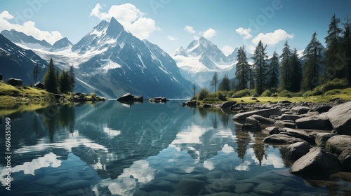 Serene Mountain Lake Surrounded by Towering Pine Trees