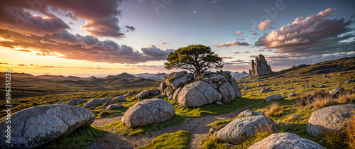 Epic landscape with weathered boulders and trail at sunset. Natural background, nature landscape wallpaper, banner. Created using generative AI tools