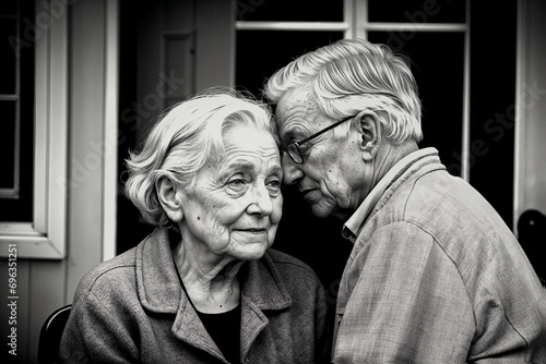 Elderly couple in love, together side by side, black and white photography. Created using generative AI tools
