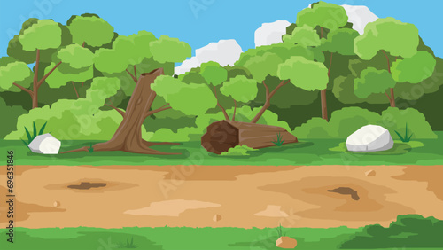 Landscape view of soil road with green forest for background under blue sky and white clouds. Environment of the reserve is covered with forests at days.