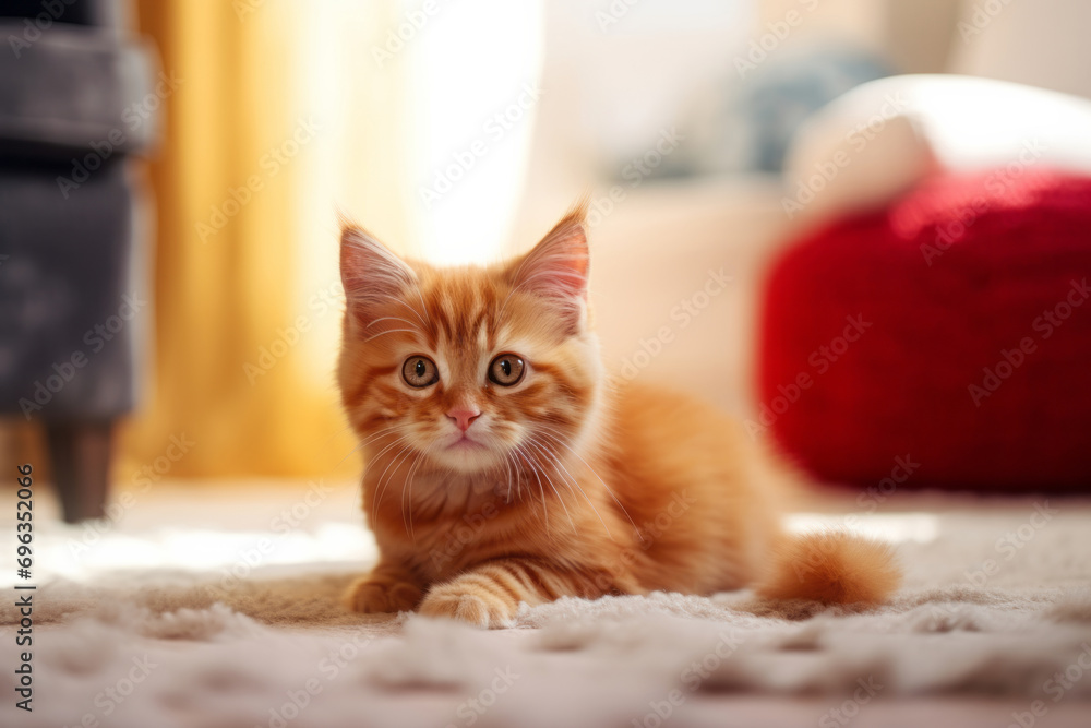 Cute ginger kitten lying on carpet at home. Fluffy pet Cute ginger kitten lying on carpet at home. Fluffy pet