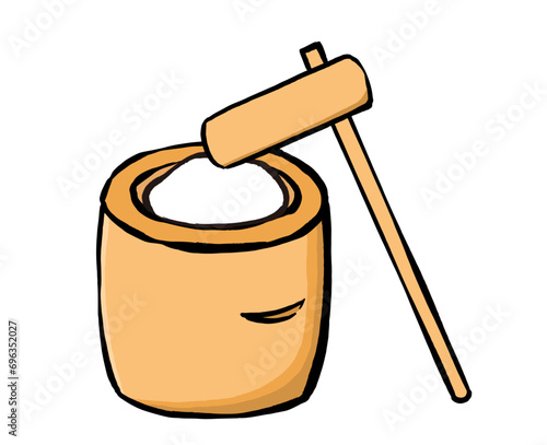 餅つきのシンプルなイラスト　臼と杵と餅