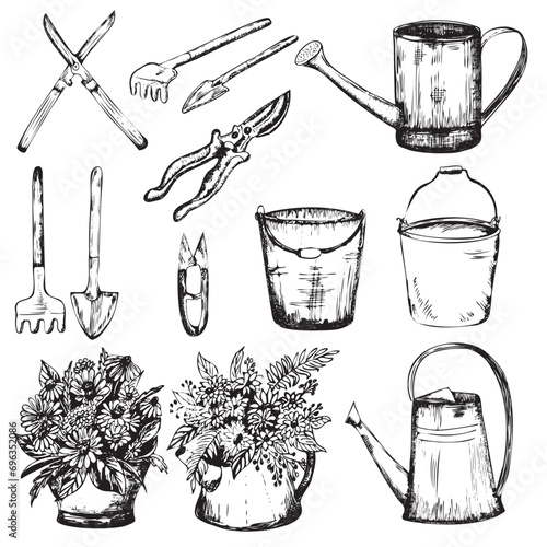  A set of garden tools, watering cans, buckets, trowels, hedge-clippers, rakes. Hand-drawn ink illustrations. Vector