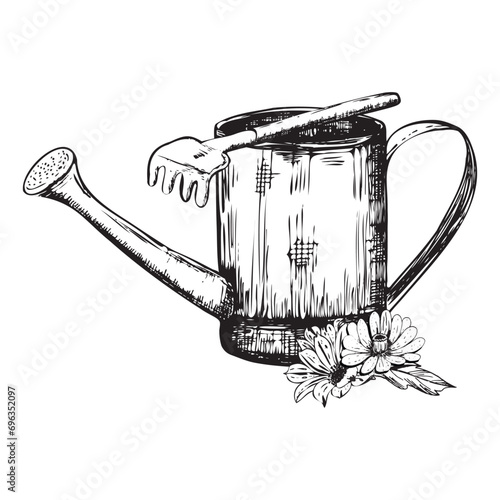 Hand-drawn ink illustration. Watering can with garden rake and some flowers. Vector