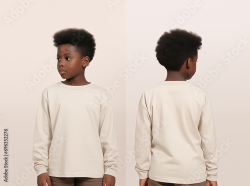 Front and back views of a little boy wearing a beige long-sleeve T-shirt