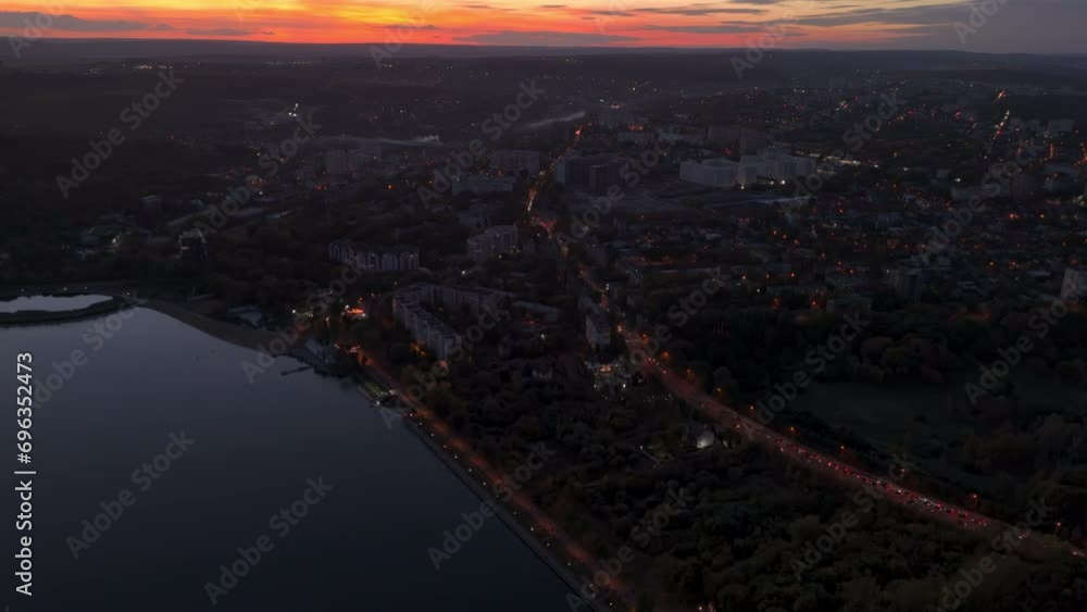Aerial drone view of Chisinau city with Valea Morilor lake at sunset. Moldova Aerial drone view of Chisinau city with Valea Morilor lake at sunset. Moldova