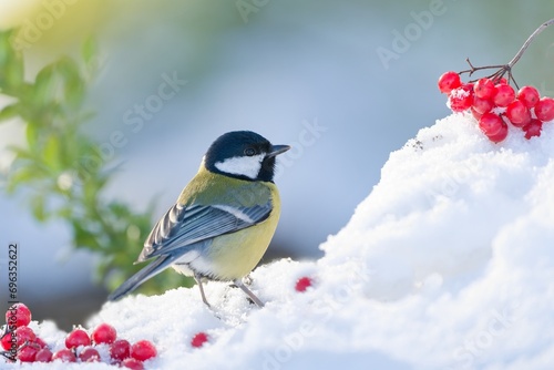 A cute great tit sitting on the snow. Winter scene with a cute titmouse. Parus major