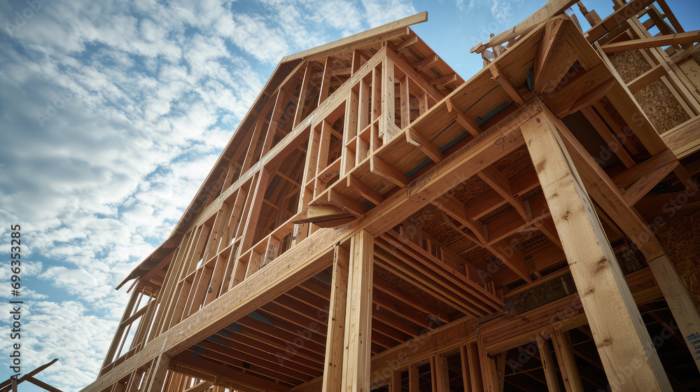 Construction of a wooden country house, supports from wooden beams. Low angle view of a house framing. A concept of framed fast-built houses. Construction of a wooden country house, supports from wooden beams. Low angle view of a house framing. A concept of framed fast-built houses.