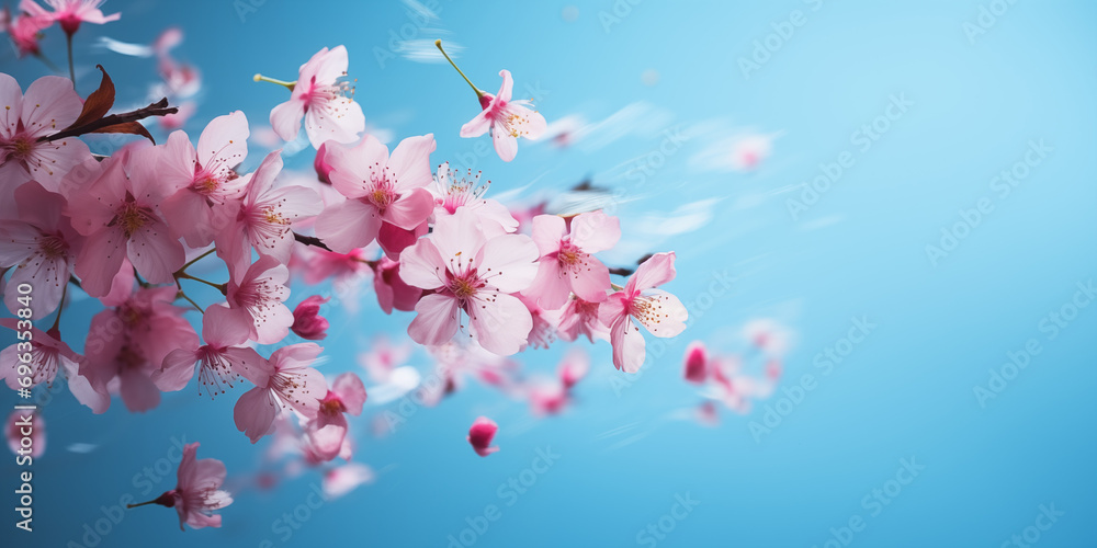 Blossoming cherry or apricot tree branches with copy space. Web banner: spring time concept. A hyper-realistic illustration on bright blue sky background. Blossoming cherry or apricot tree branches with copy space. Web banner: spring time concept. A hyper-realistic illustration on bright blue sky background.