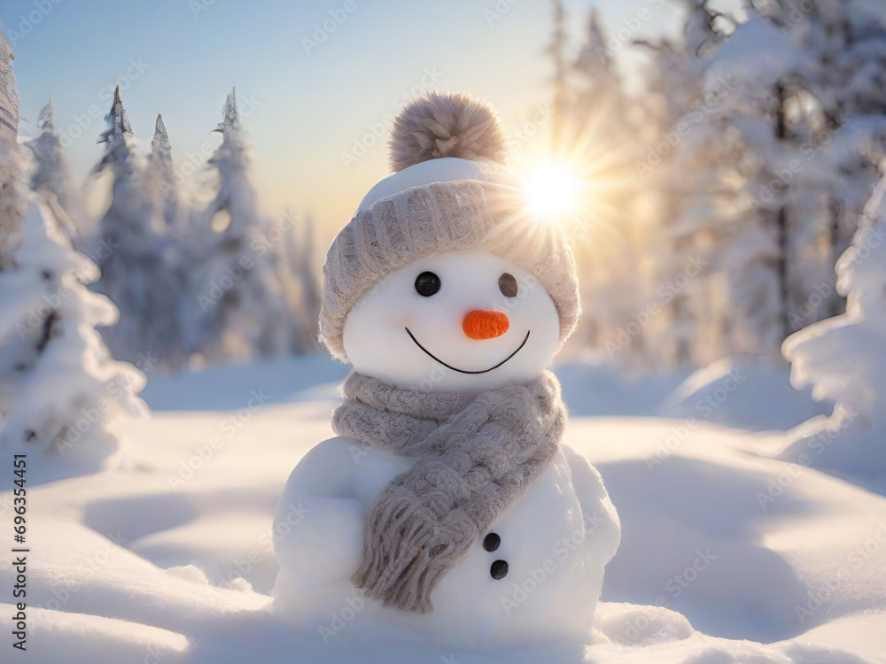 Obraz premium Cute snowman in winter and new year