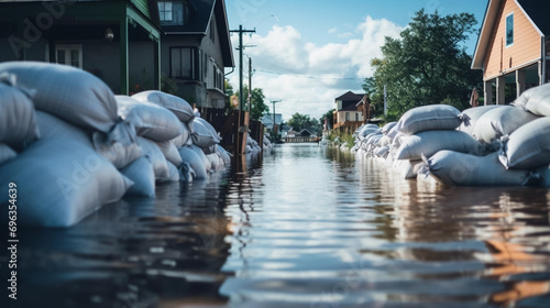 Fotografia copy space, stockphoto, Close shot of flood Protection Sandbags with flooded homes in the background