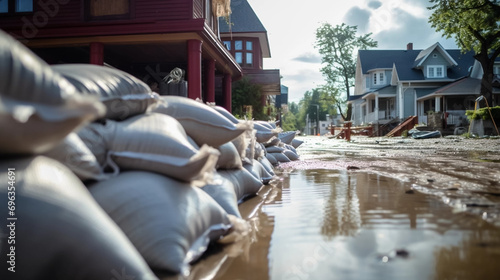 Fotografia copy space, stockphoto, Close shot of flood Protection Sandbags with flooded homes in the background