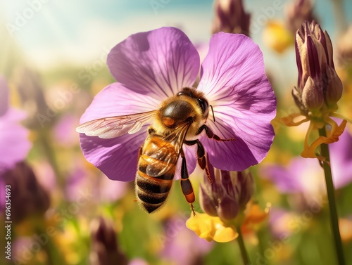 Close-up photo of a bee pollinating a bright summer flower, capturing the natural activity of a summer day 