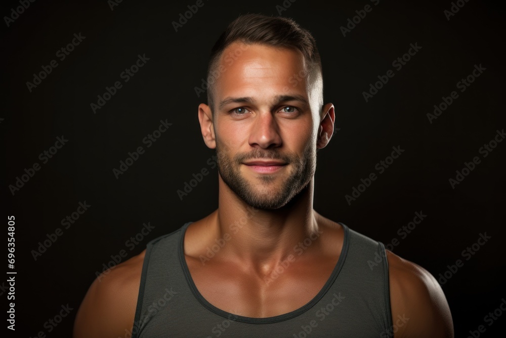 Portrait of a male fitness teacher Fitness trainer or fitness exerciser standing happily smiling in the gym. healthy lifestyle concept
