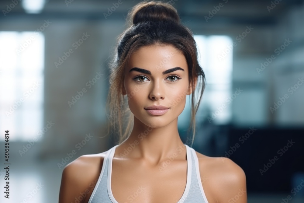 Portrait of female fitness instructor or female fitness exerciser standing happily smiling in the gym. healthy lifestyle concept