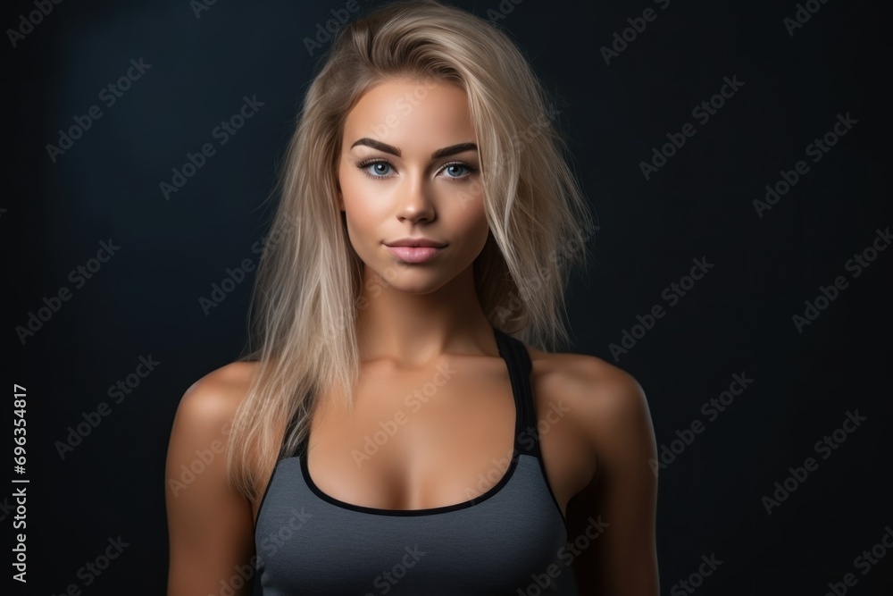 Portrait of female fitness instructor or female fitness exerciser standing happily smiling in the gym. healthy lifestyle concept Portrait of female fitness instructor or female fitness exerciser standing happily smiling in the gym. healthy lifestyle concept