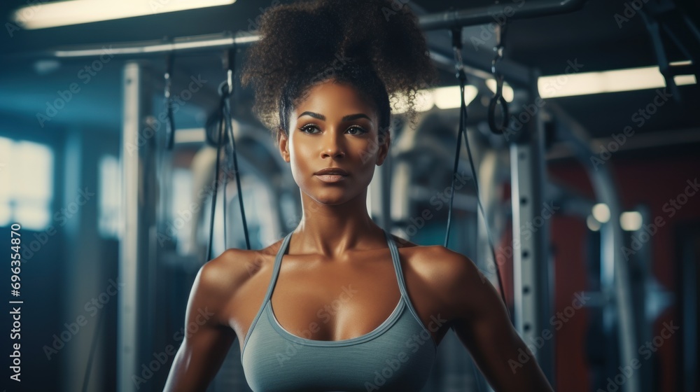 African American fitness instructor or black female fitness exerciser standing in the gym. healthy lifestyle concept