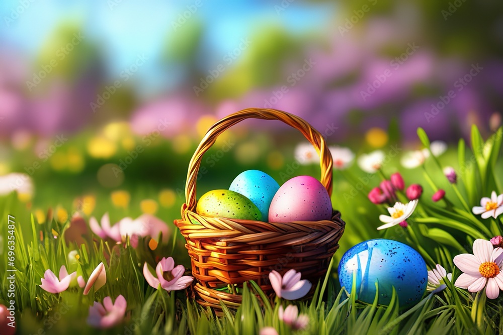 Easter basket with eggs and flowers, sunny meadow background, green grass and sunny spring background.