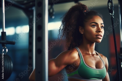 Portrait of beautiful African American fitness instructor or black female fitness exerciser standing in gym. healthy lifestyle concept photo