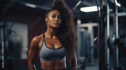 Portrait of beautiful African American fitness instructor or black female fitness exerciser standing in gym. healthy lifestyle concept