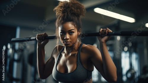 African American fitness instructor or black female fitness exerciser standing in the gym. healthy lifestyle concept photo