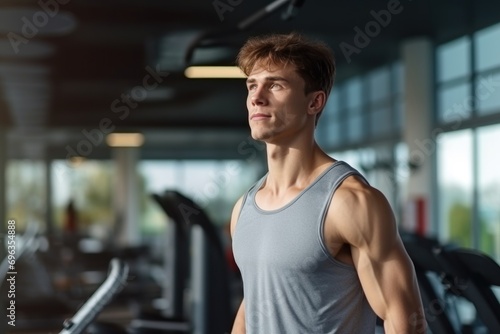 Portrait of a male fitness trainer or fitness workplace owner standing happily smiling in the gym. healthy lifestyle concept
