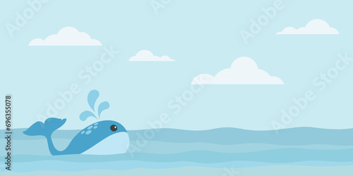 Cute whale swimming in the sea vector illustration. Whale in the ocean flat design have blank space.