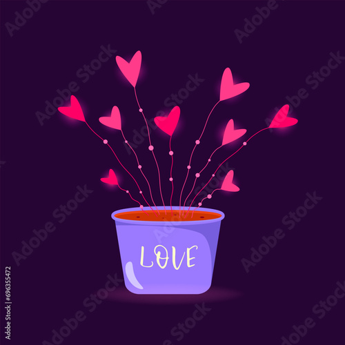 Heart shaped potted flowers. Text love. Card with declaration of love. Valentine's Day concept, declarations of love and more