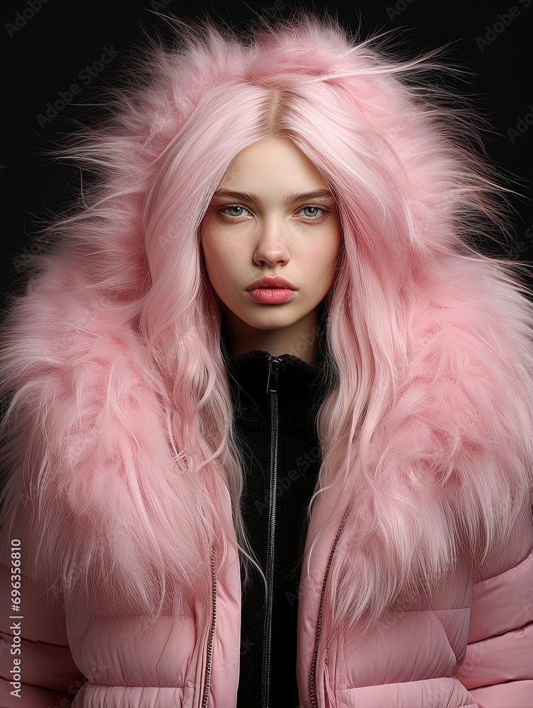 Young woman with long pink hair wearing a big pink parka.