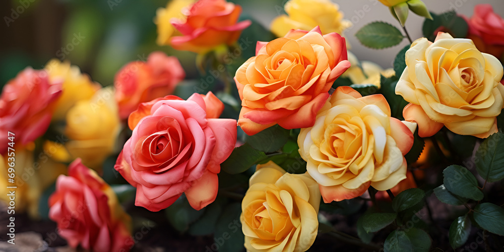 The backdrop of the colorful flowers, Pink and yellow rose flower in the garden and sunlight with bokeh, Blooming Splendor Pink and Yellow Rose Backdrops. 