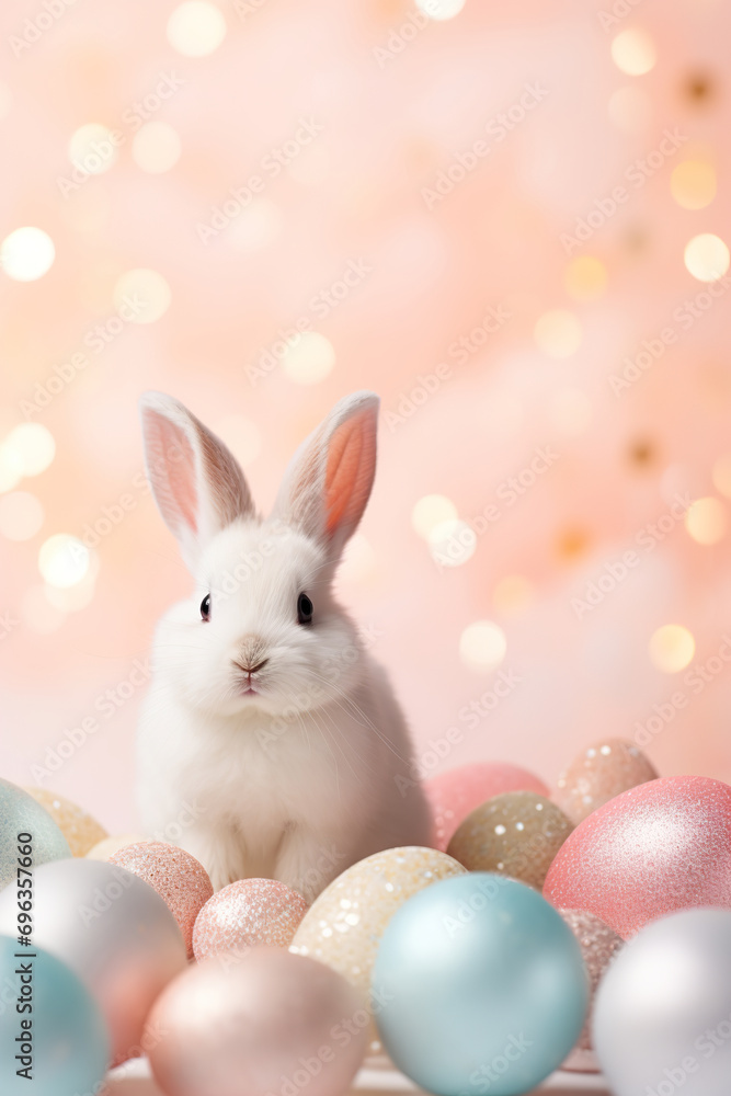 Obraz premium Beautiful Easter background with eggs, glitter, cute bunny and copy space for text. Soft, pastel colors. Tranquil and joyful scene. Perfect for holiday-themed designs, greeting cards.