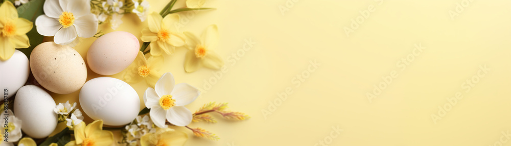 Yellow Easter background with eggs, flowers and copy space for text. Soft, pastel colors. Tranquil and joyful scene. Perfect for holiday-themed designs. Panoramic banner.