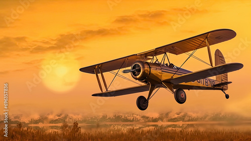 Sunset Soar: Vintage Biplane in Golden Sky